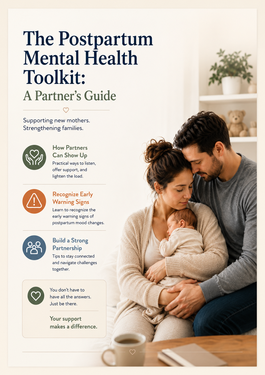 Cover of 'The Postpartum Mental Health Toolkit: A Partner's Guide' with a couple holding a baby.